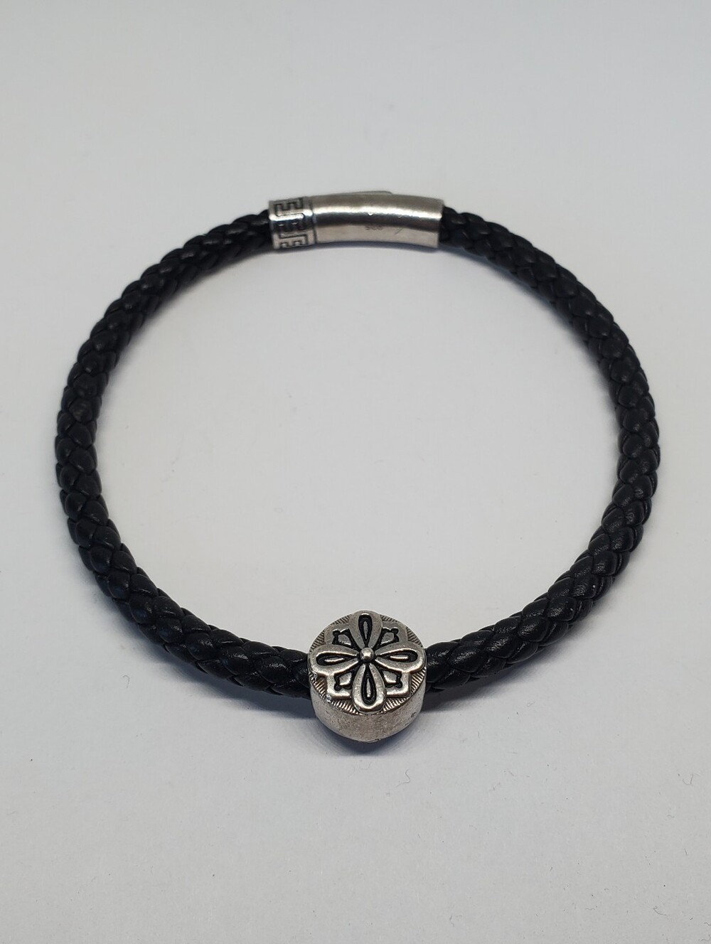 FANCIME Black Leather Braid Sterling Silver Strength Charm Bracelet